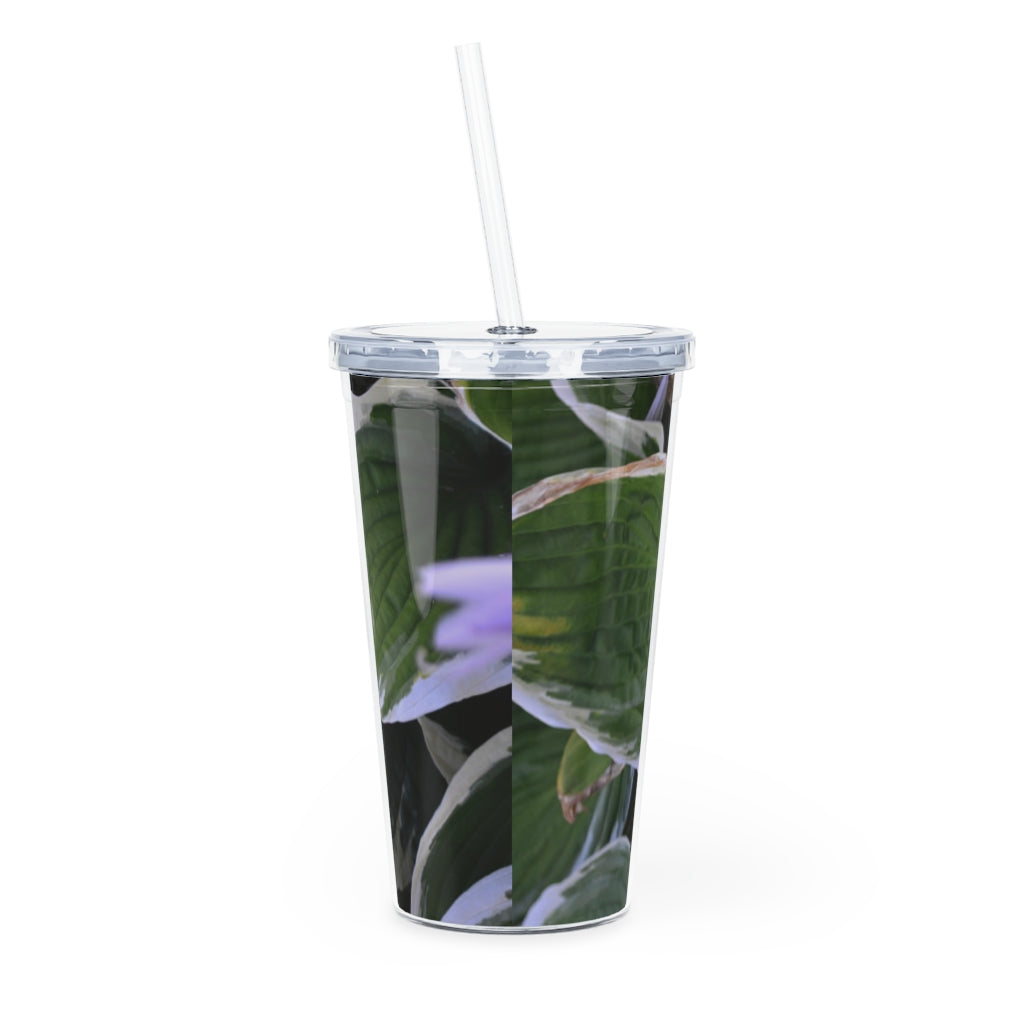 Green Leaves Plastic Tumbler with Straw, featuring a vibrant leaf design and a lid with a reusable straw.