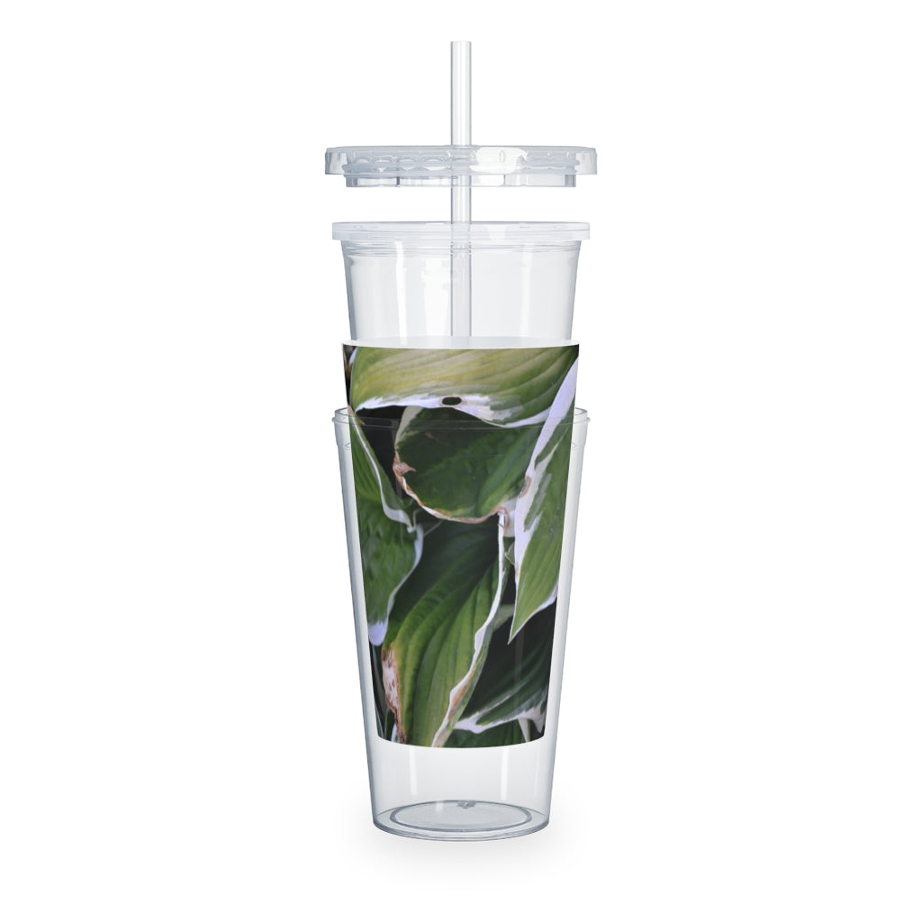 Green Leaves Plastic Tumbler with Straw, featuring a vibrant leaf design and a lid with a reusable straw.
