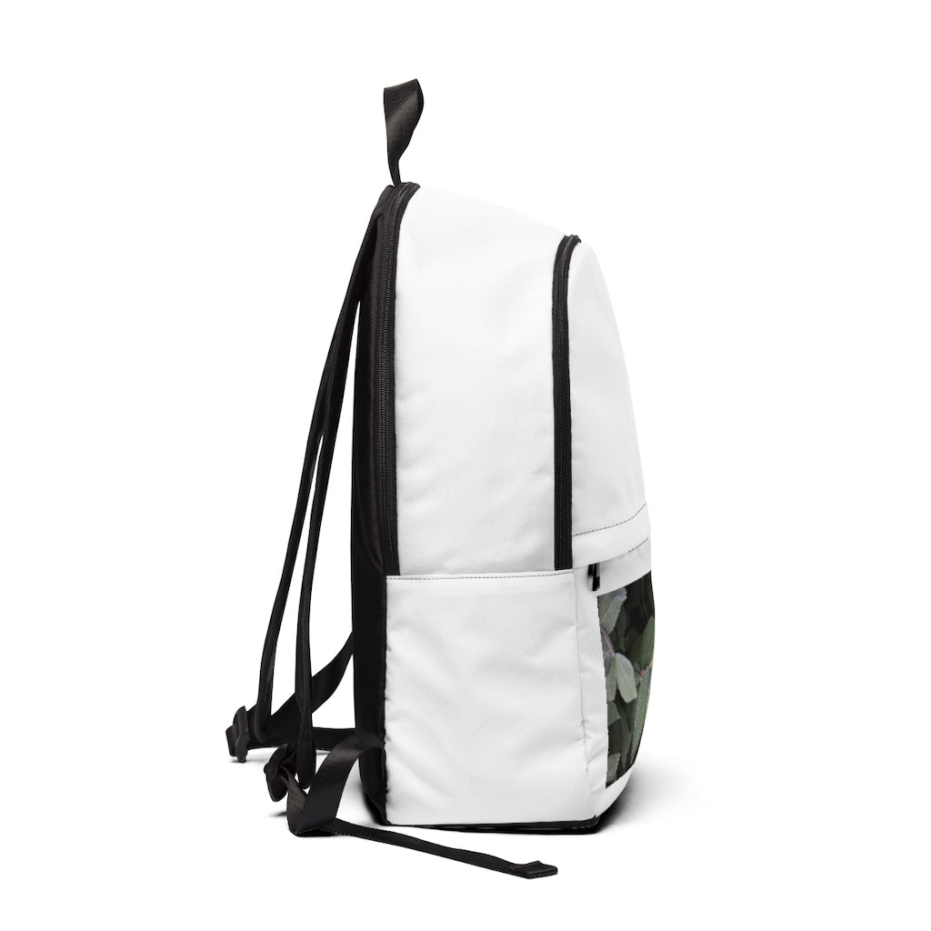 Green Leaves Unisex Fabric Backpack featuring a stylish design, padded back panel, and adjustable straps, perfect for school and travel.
