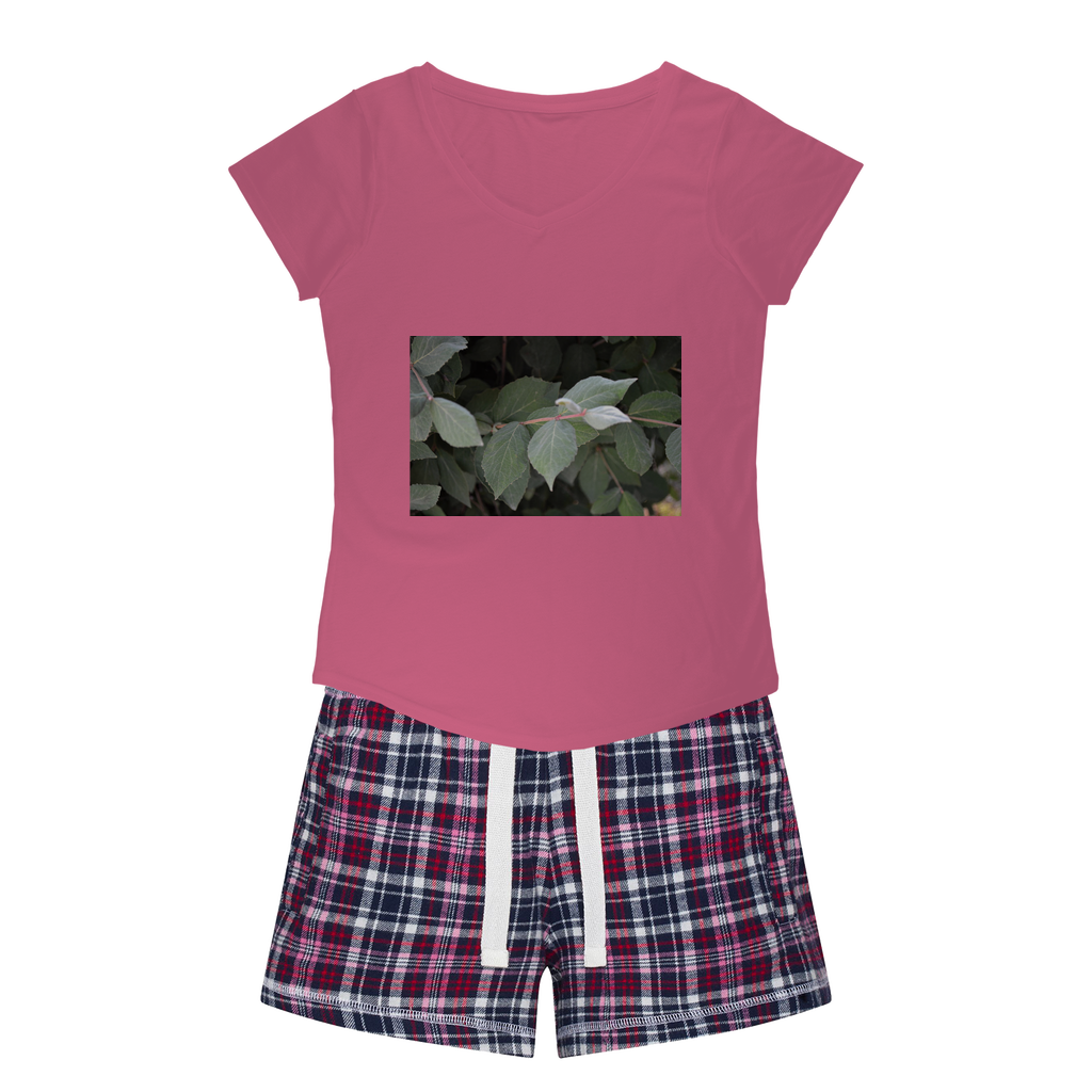 Green Leaves Women's Sleepy Tee and Flannel Short set featuring a relaxed fit T-shirt and colorful flannel shorts, perfect for cozy nights.