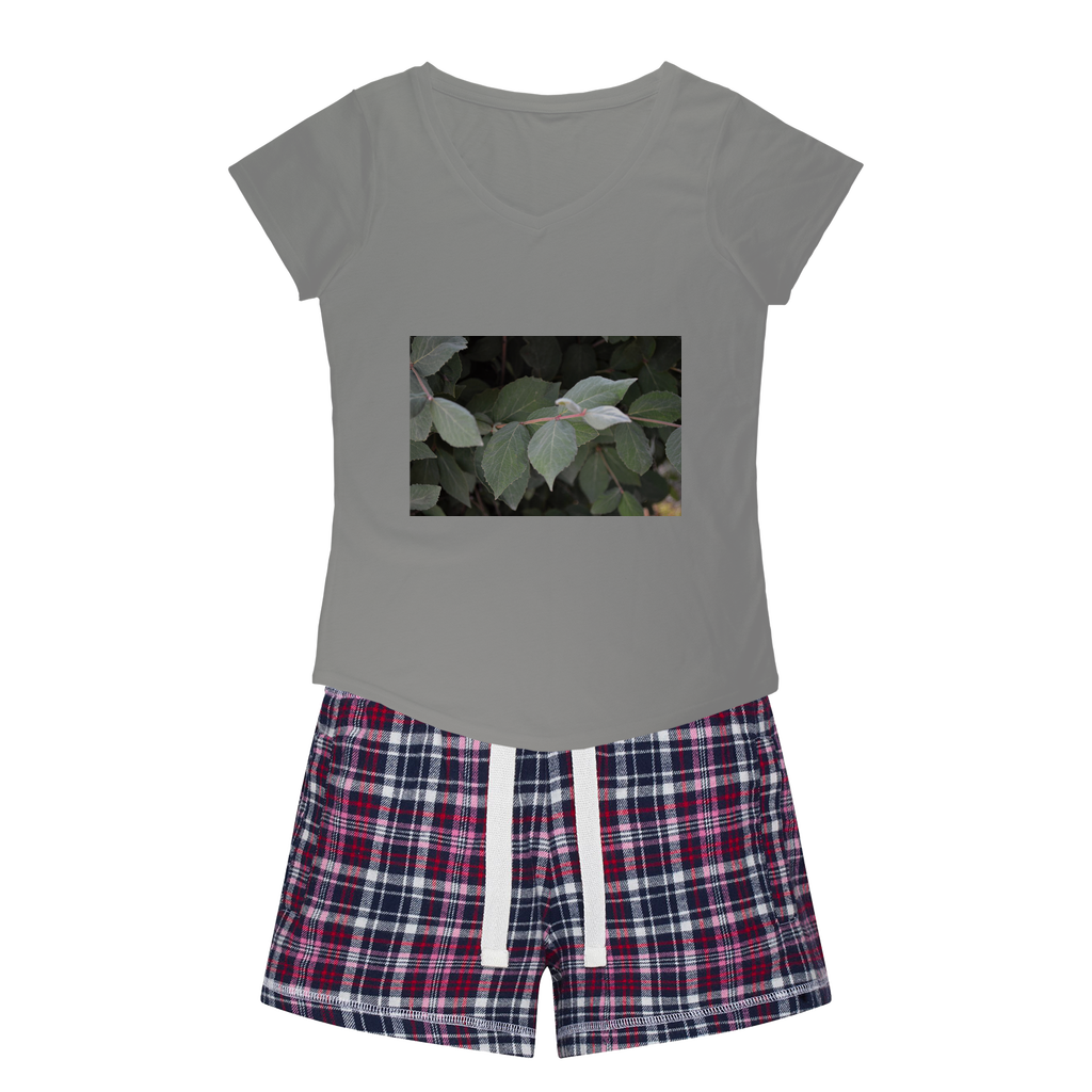 Green Leaves Women's Sleepy Tee and Flannel Short set featuring a relaxed fit T-shirt and colorful flannel shorts, perfect for cozy nights.