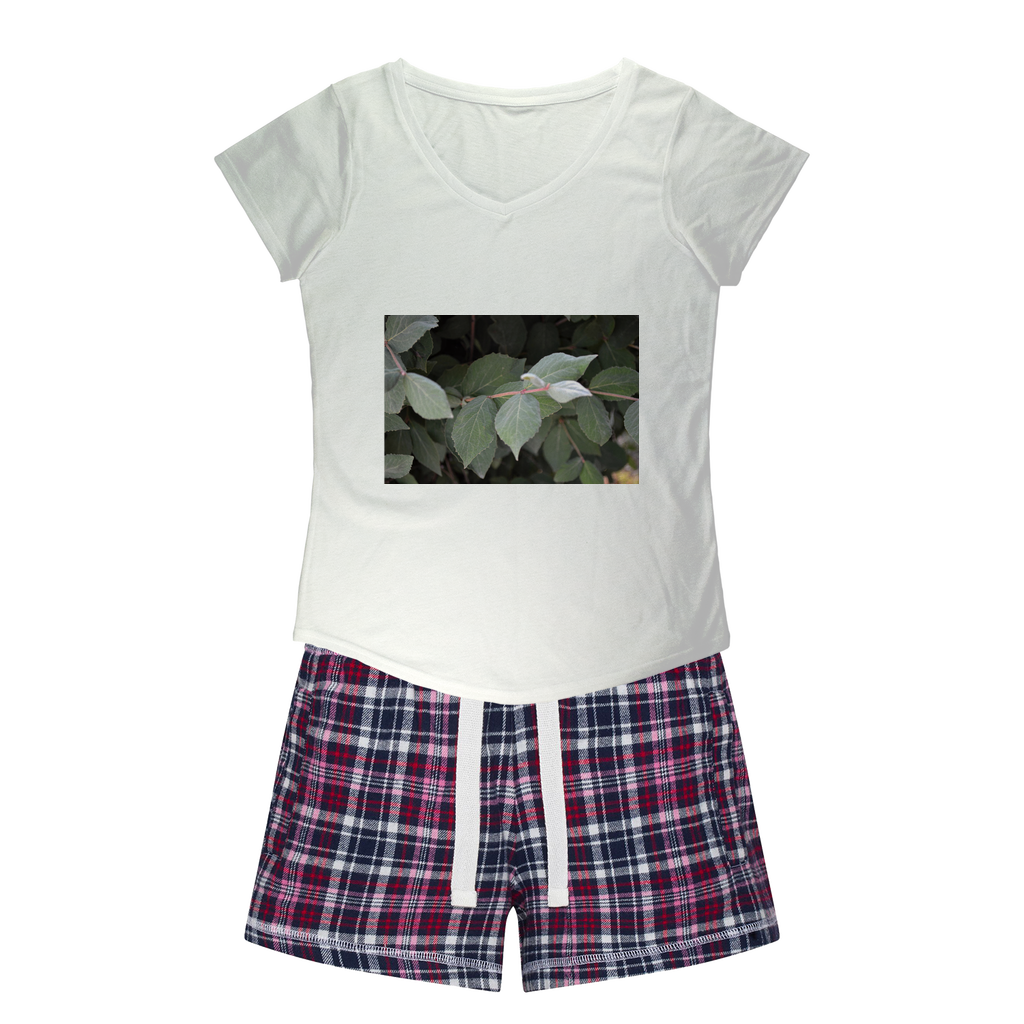 Green Leaves Women's Sleepy Tee and Flannel Short set featuring a relaxed fit T-shirt and colorful flannel shorts, perfect for cozy nights.