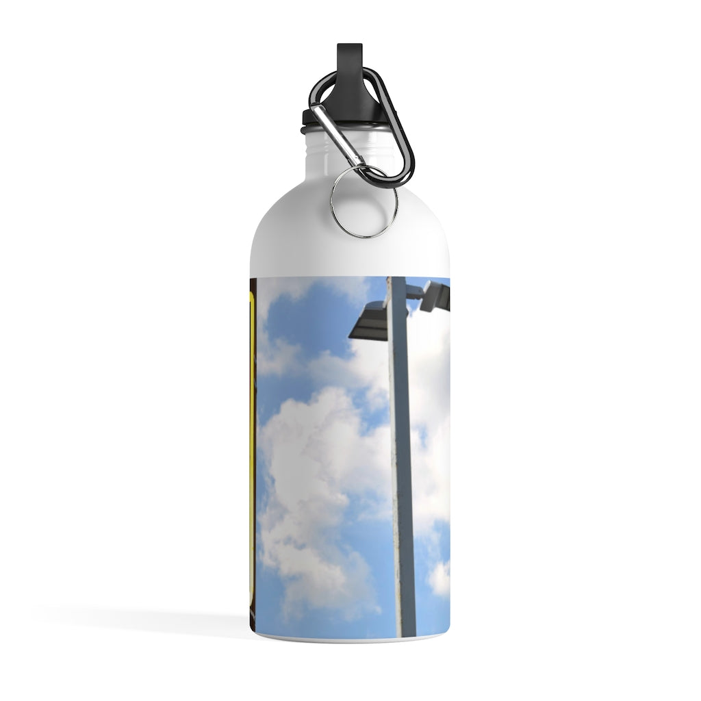 Green Light Stainless Steel Water Bottle with plastic screw top and carabiner, perfect for hydration on the go.