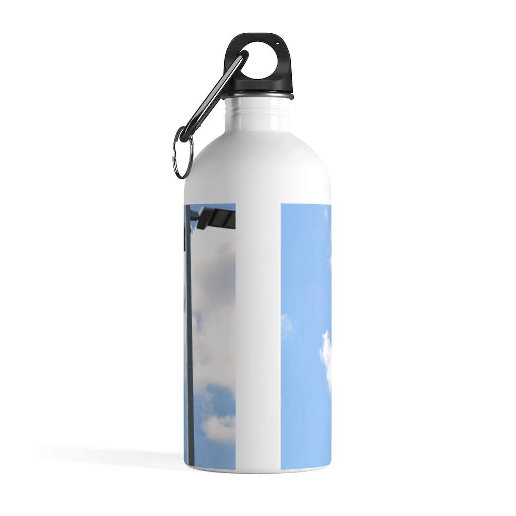 Green Light Stainless Steel Water Bottle with plastic screw top and carabiner, perfect for hydration on the go.