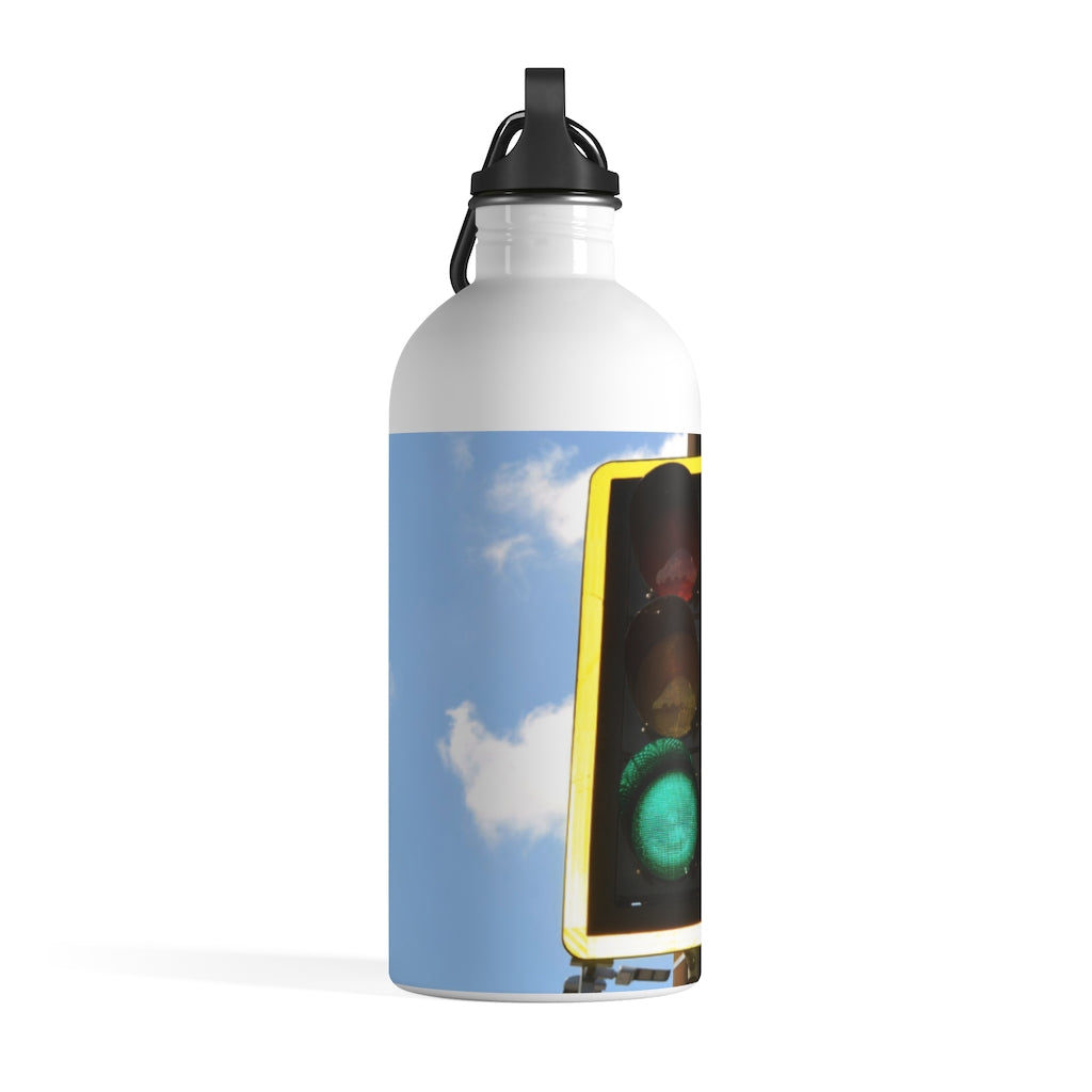 Green Light Stainless Steel Water Bottle with plastic screw top and carabiner, perfect for hydration on the go.