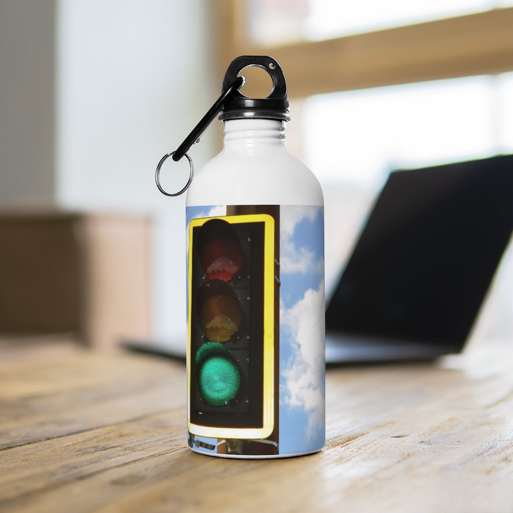 Green Light Stainless Steel Water Bottle with plastic screw top and carabiner, perfect for hydration on the go.