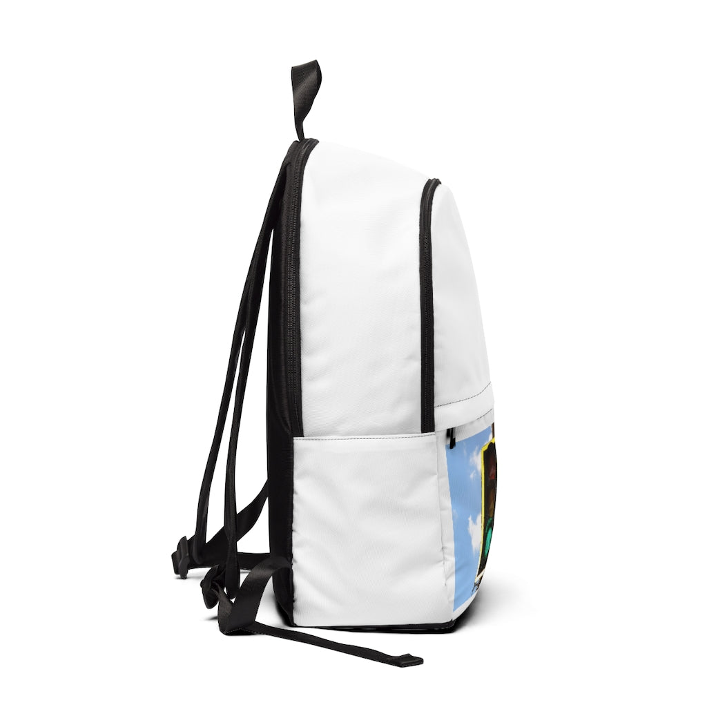 Green Light Unisex Fabric Backpack showcasing its stylish design, adjustable straps, and waterproof material, perfect for school and travel.