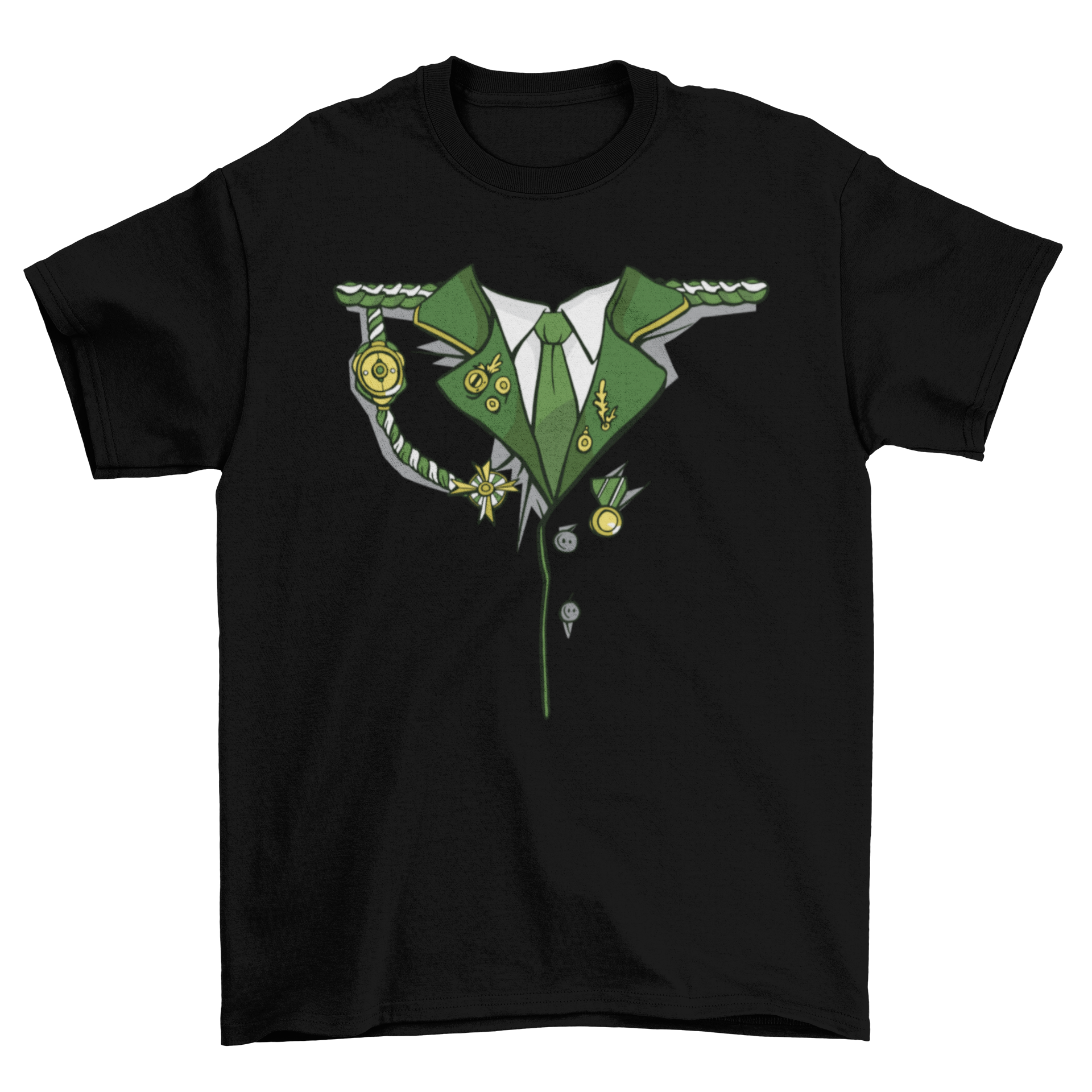 Green Military Costume T-shirt featuring a military-style uniform design, perfect for themed events and casual wear.