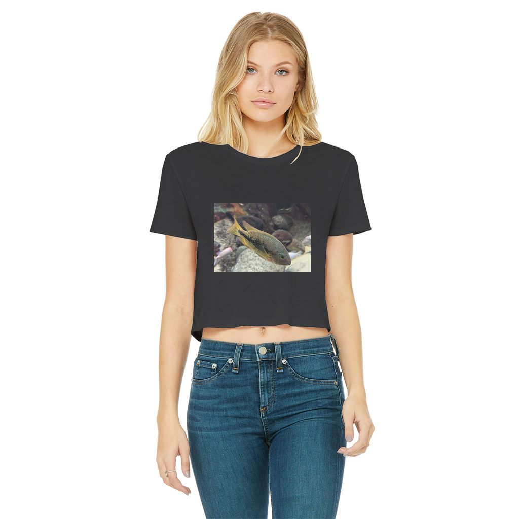 Green Orange Fish Classic Women's Cropped Raw Edge T-Shirt featuring a stylish cropped design and raw edge hem.