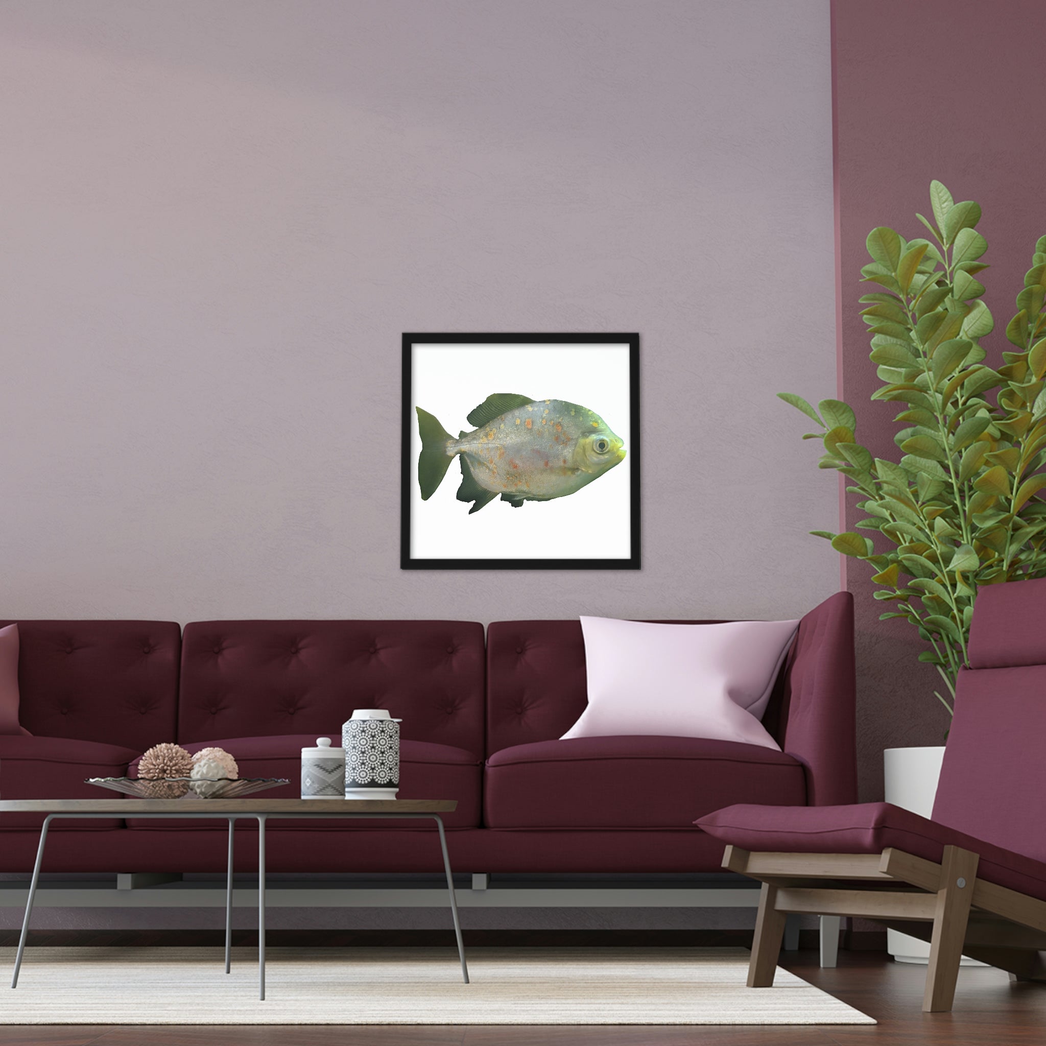 A beautifully framed poster featuring a vibrant Green Piranha Fish, showcasing intricate details and colors, set in a hand-crafted wooden frame.