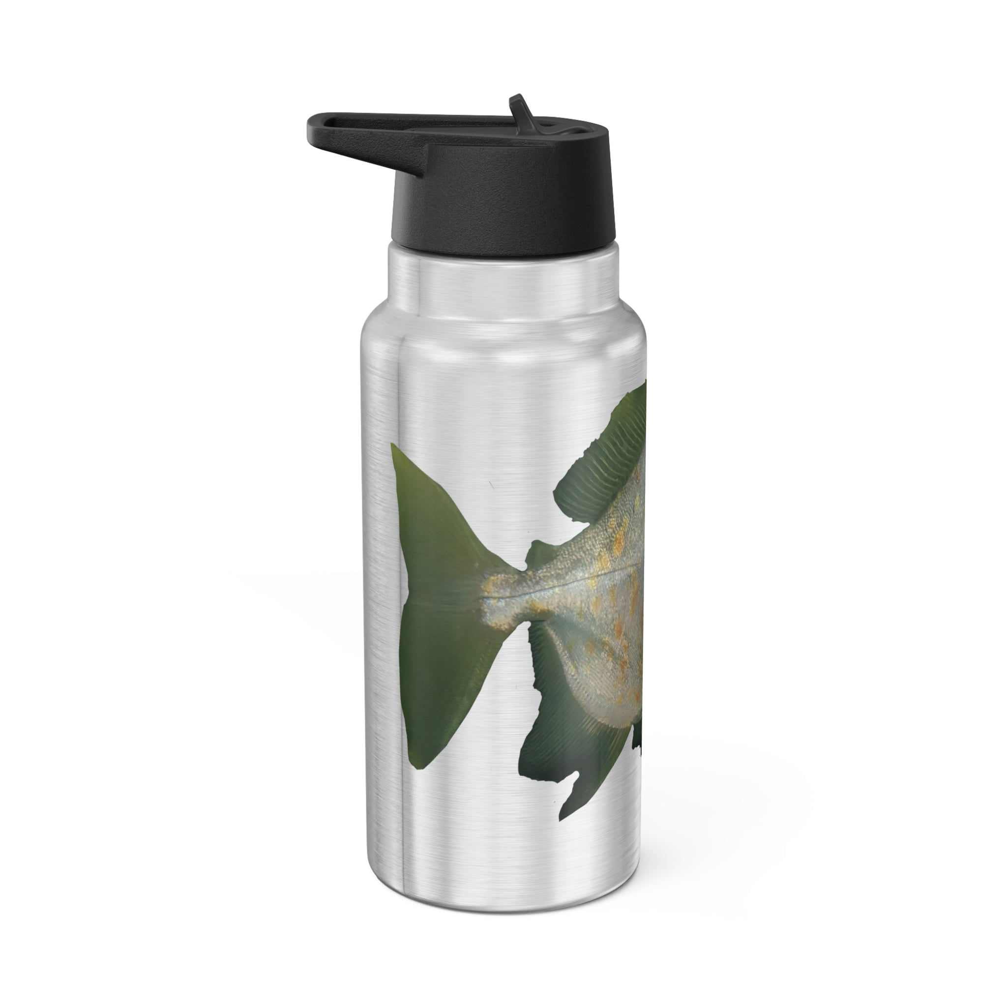 Green Piranha Fish Gator Tumbler, 32oz, stainless steel with a vibrant design and included straw.
