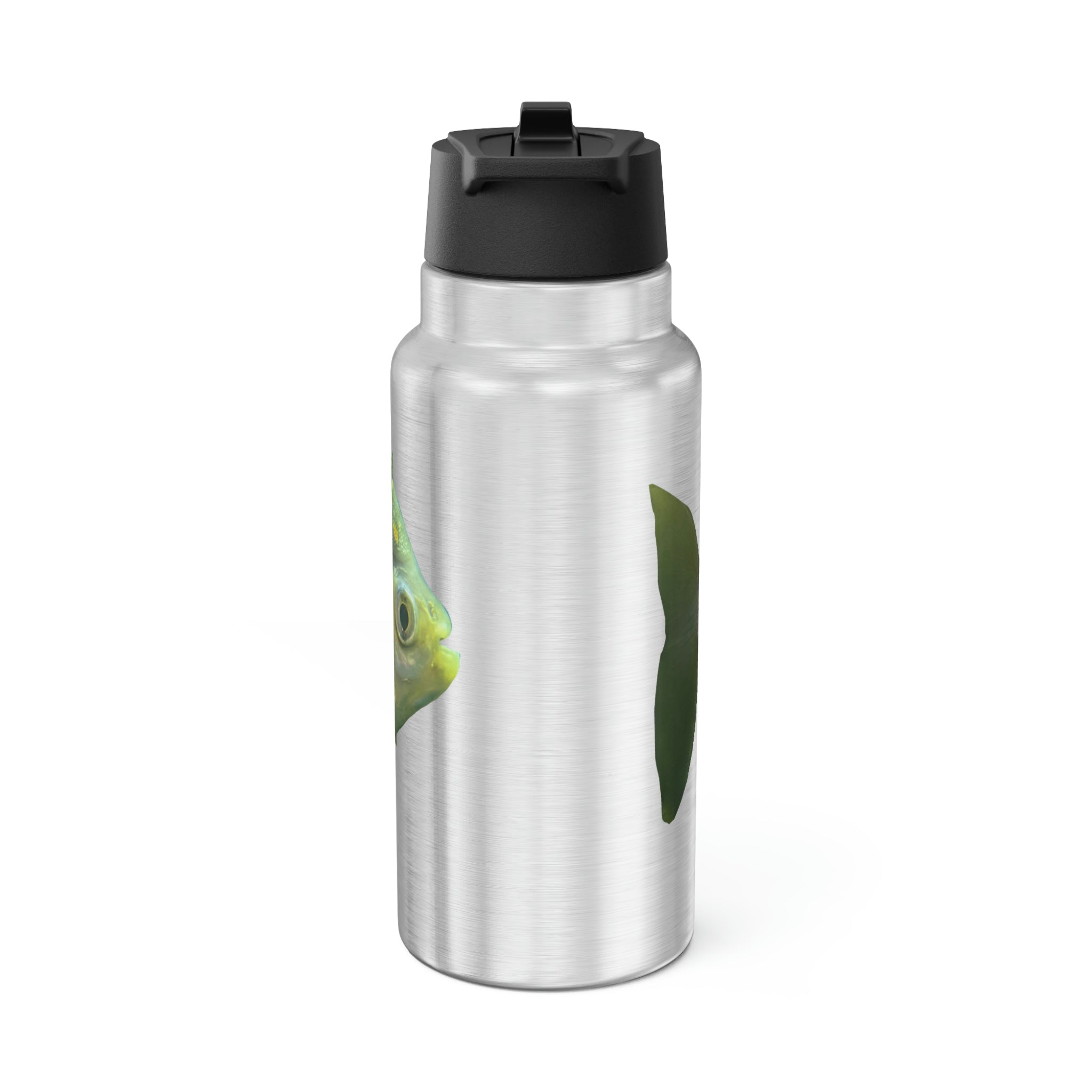 Green Piranha Fish Gator Tumbler, 32oz, stainless steel with a vibrant design and included straw.