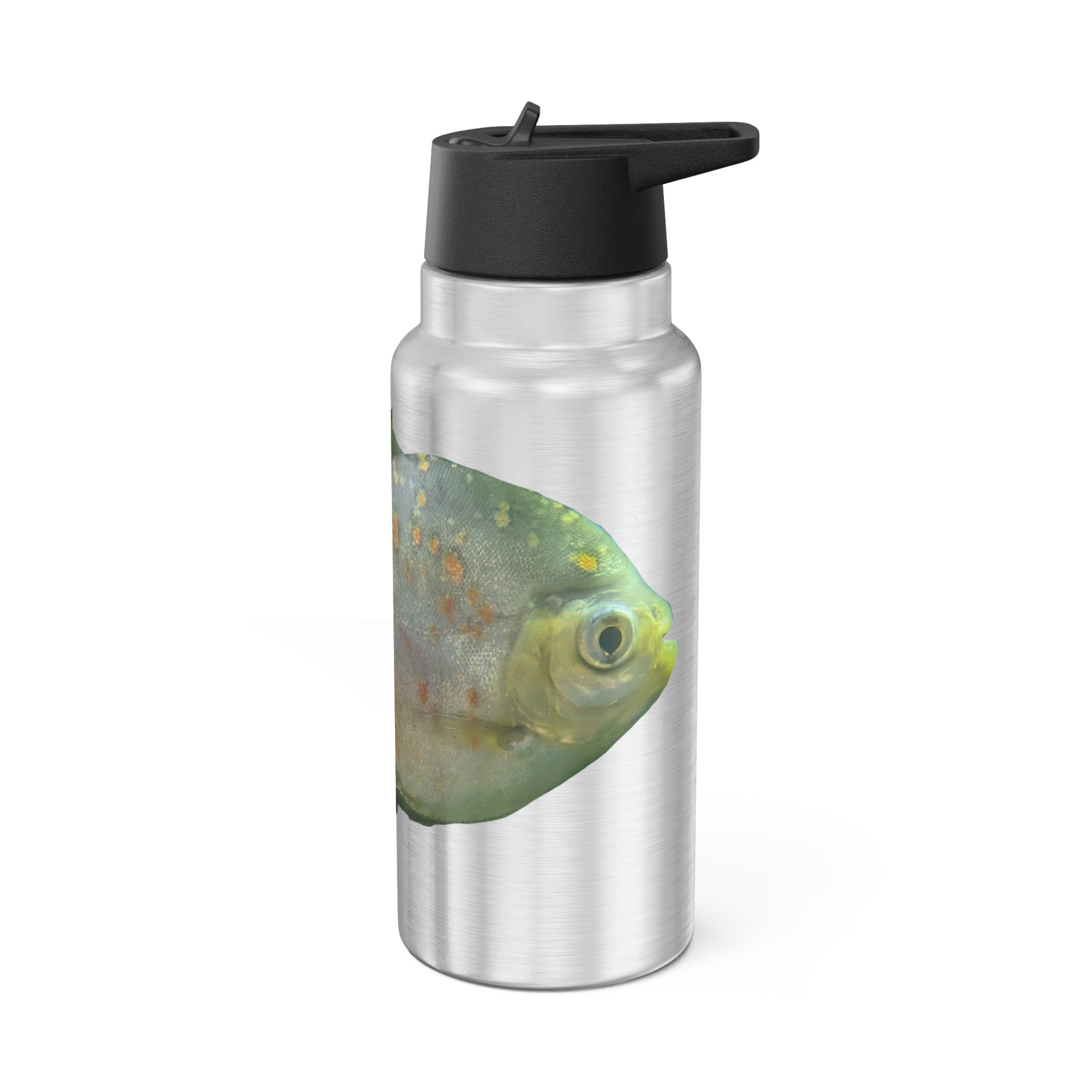 Green Piranha Fish Gator Tumbler, 32oz, stainless steel with a vibrant design and included straw.