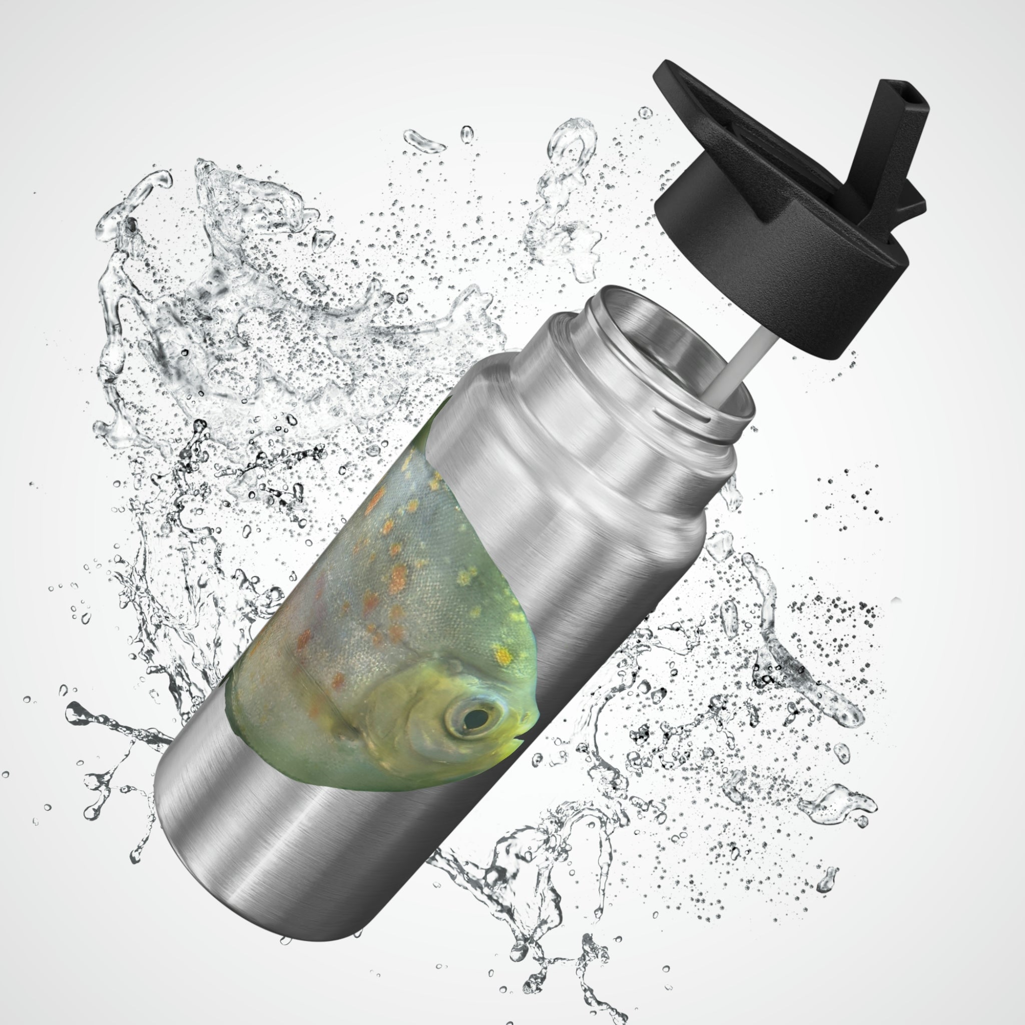 Green Piranha Fish Gator Tumbler, 32oz, stainless steel with a vibrant design and included straw.