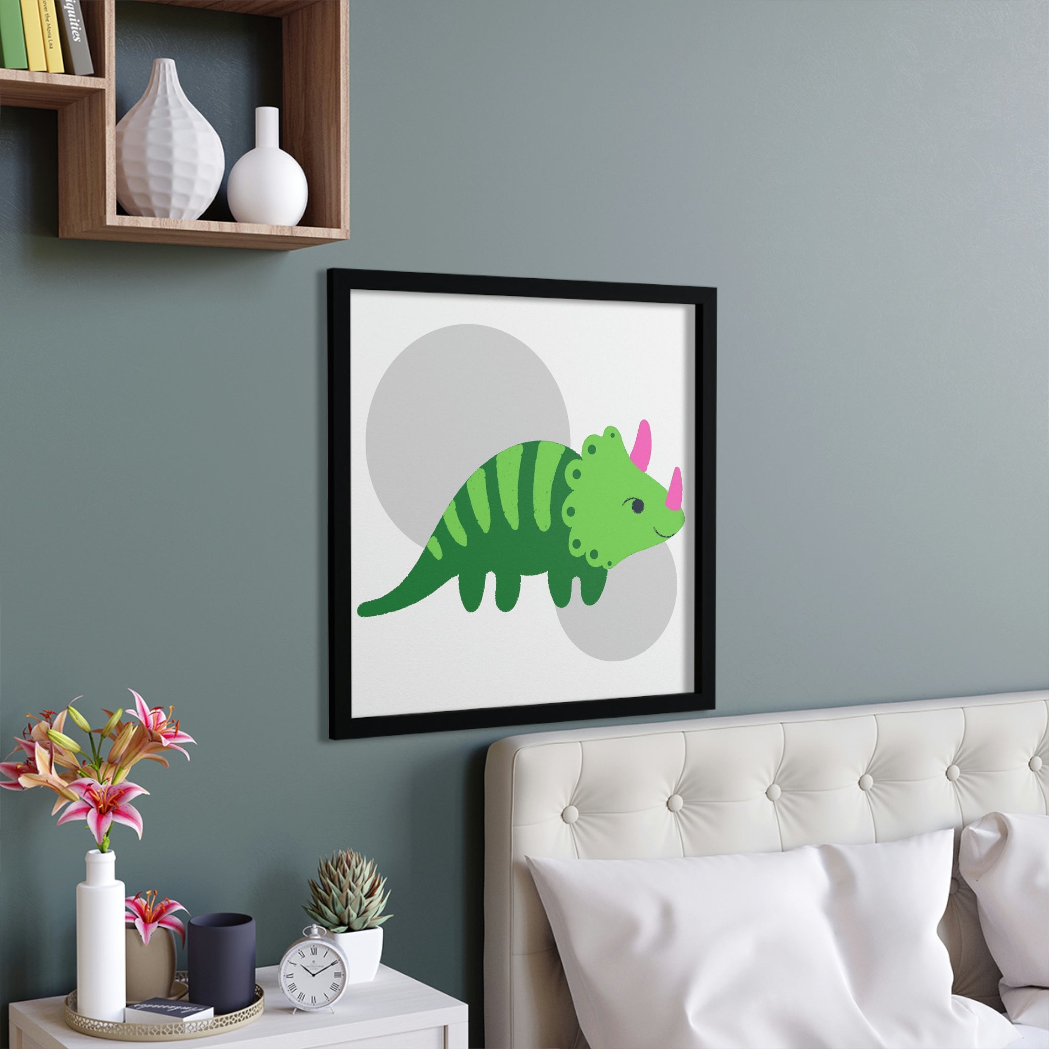 A vibrant Green Triceratops Dinosaur Framed Poster with a hand-crafted wooden frame, showcasing a playful dinosaur design.