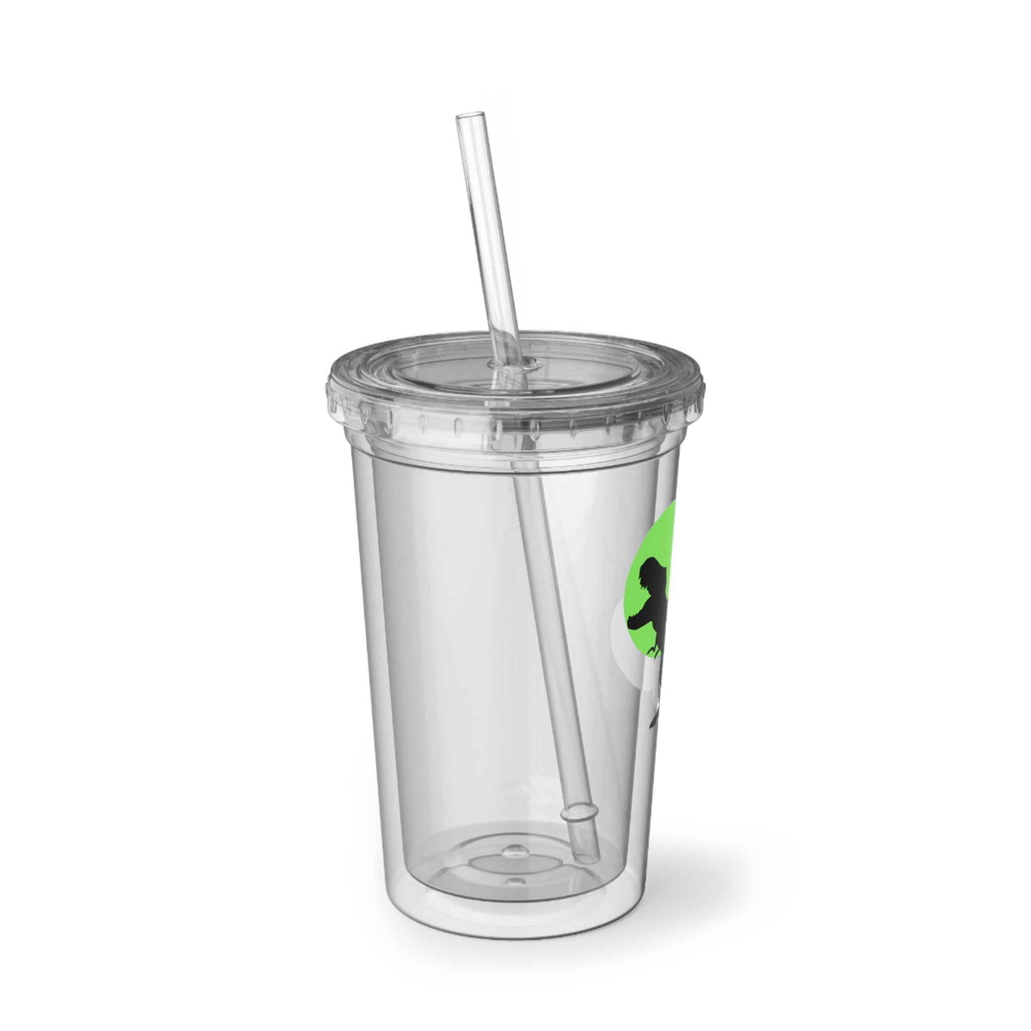 A vibrant green acrylic cup featuring a Tyrannosaurus Rex design, complete with a plastic lid and straw, showcasing its double-wall insulation.