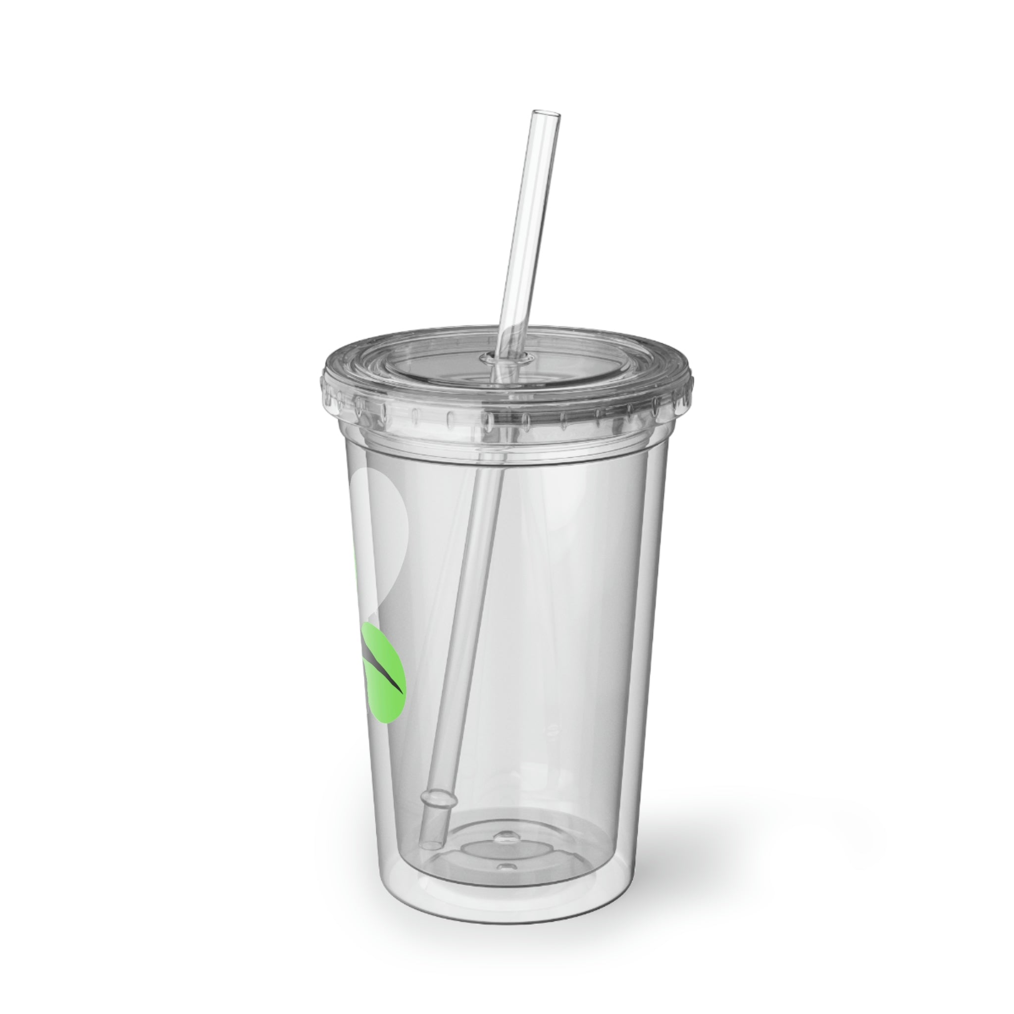 A vibrant green acrylic cup featuring a Tyrannosaurus Rex design, complete with a plastic lid and straw, showcasing its double-wall insulation.