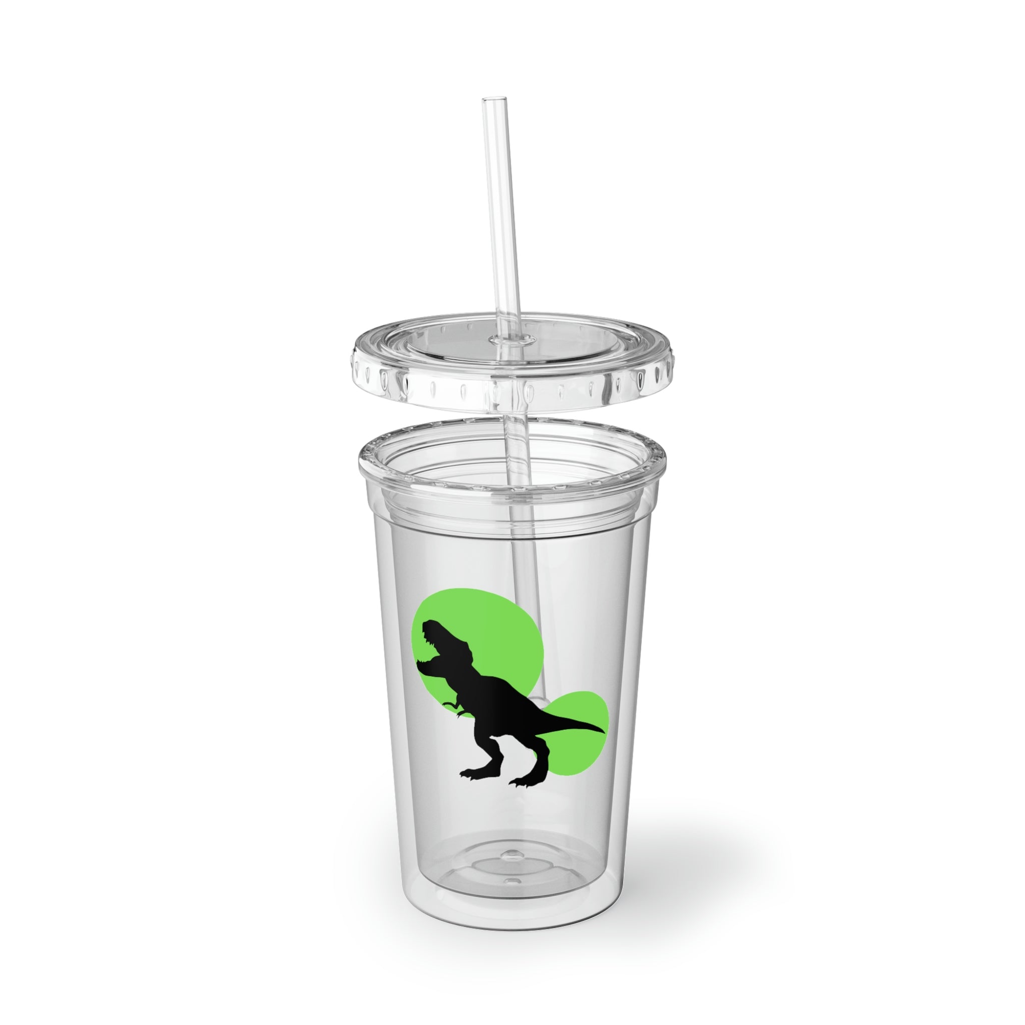 A vibrant green acrylic cup featuring a Tyrannosaurus Rex design, complete with a plastic lid and straw, showcasing its double-wall insulation.