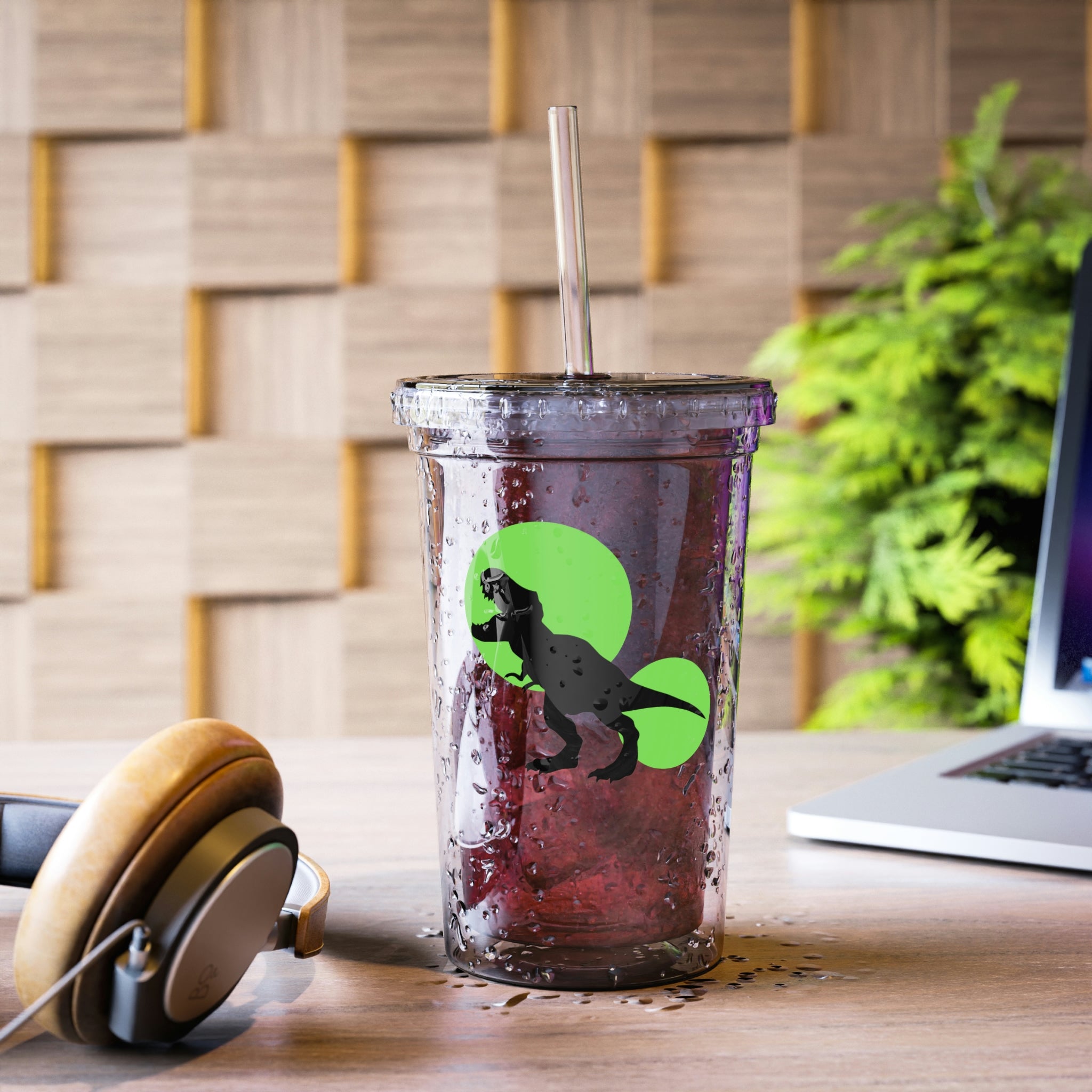 A vibrant green acrylic cup featuring a Tyrannosaurus Rex design, complete with a plastic lid and straw, showcasing its double-wall insulation.