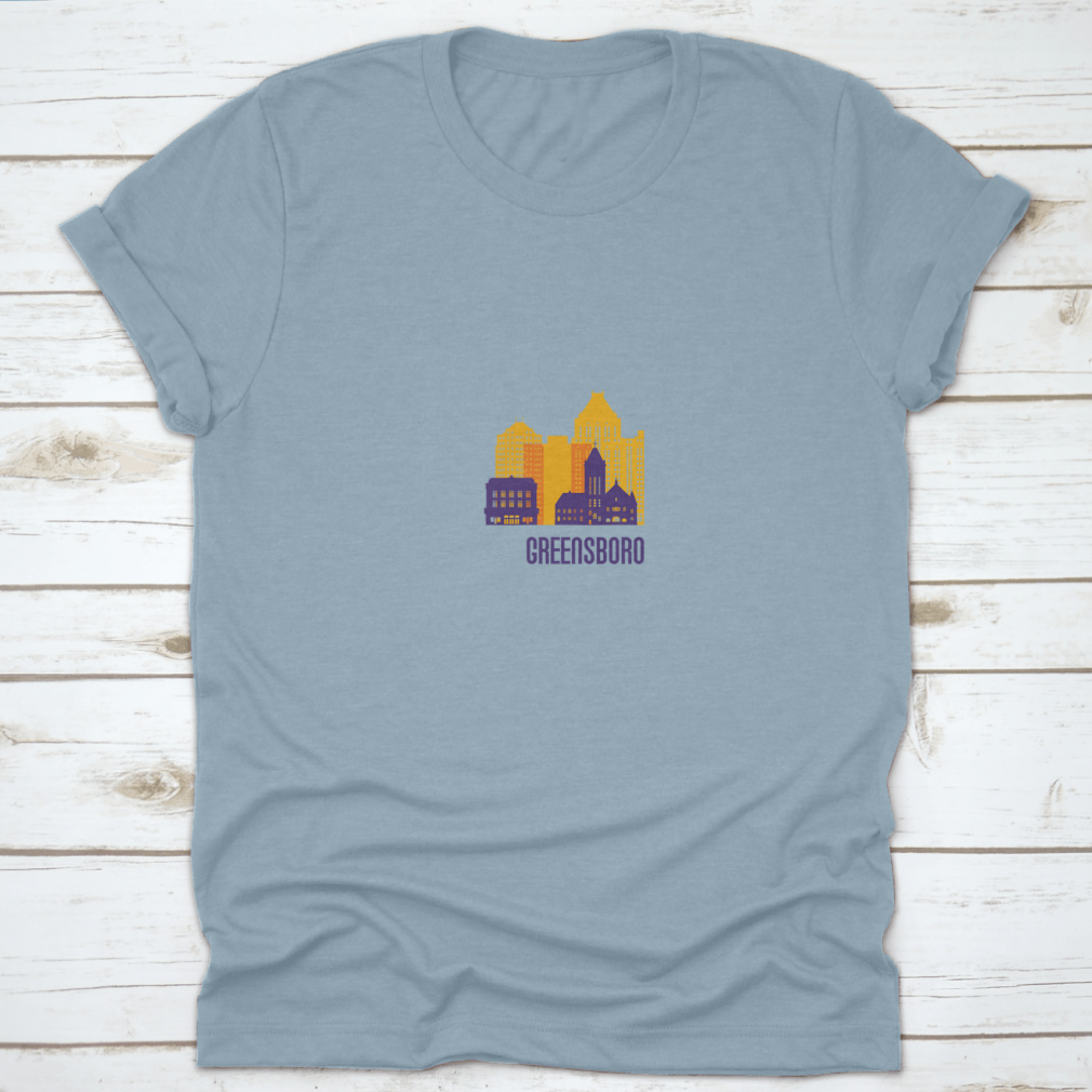 Colorful Greensboro City Emblem T-shirt featuring vibrant buildings, made from 100% cotton.