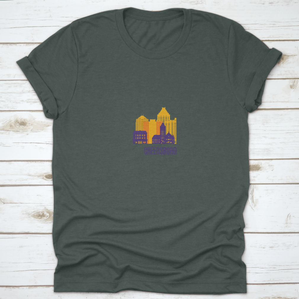 Colorful Greensboro City Emblem T-shirt featuring vibrant buildings, made from 100% cotton.