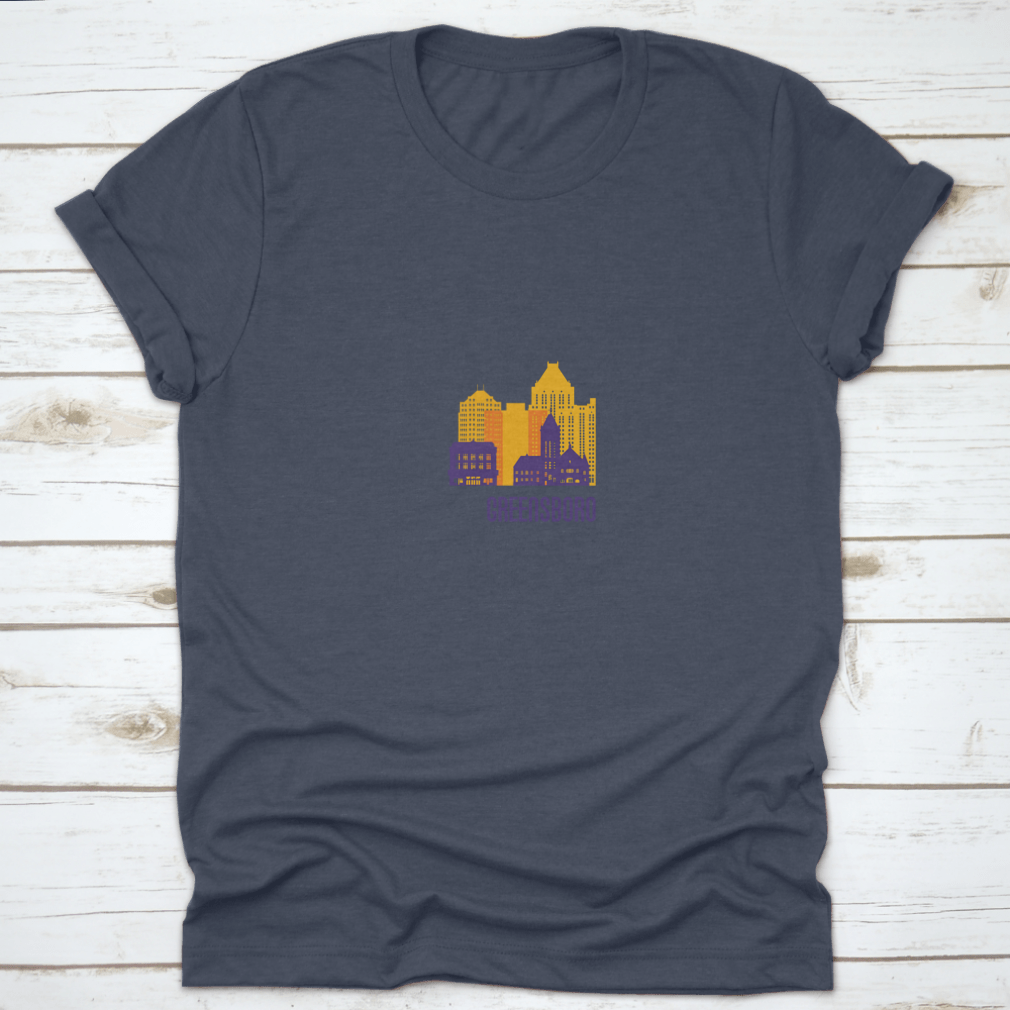 Colorful Greensboro City Emblem T-shirt featuring vibrant buildings, made from 100% cotton.