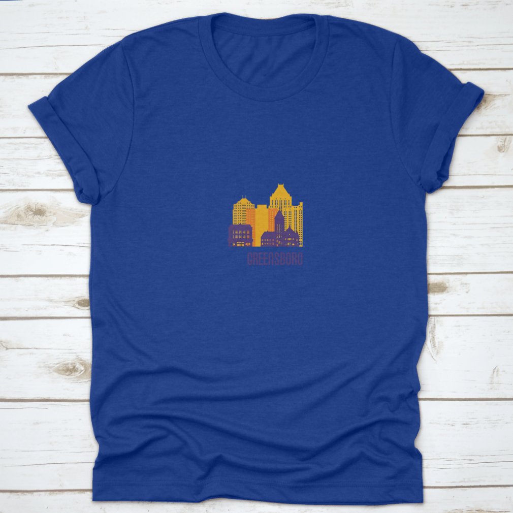 Colorful Greensboro City Emblem T-shirt featuring vibrant buildings, made from 100% cotton.