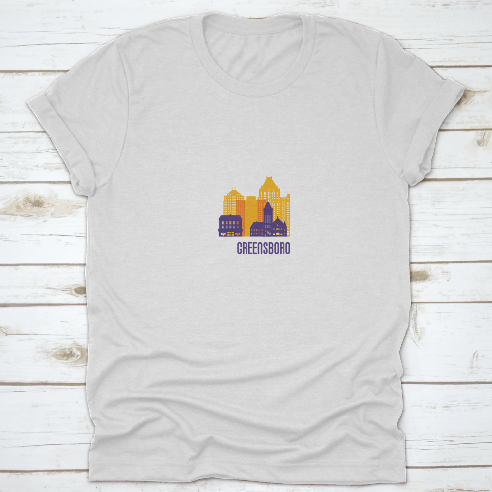 Colorful Greensboro City Emblem T-shirt featuring vibrant buildings, made from 100% cotton.