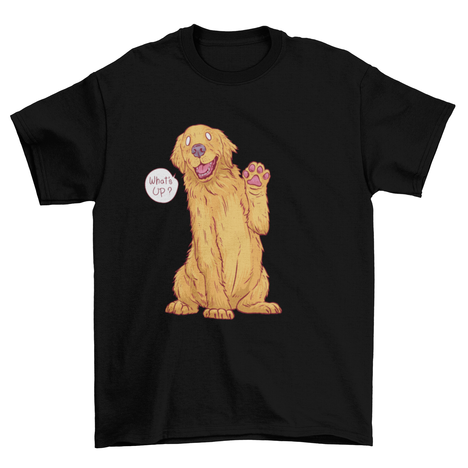 A playful golden retriever lifting its paw with a cheerful expression, featured on a stylish t-shirt.