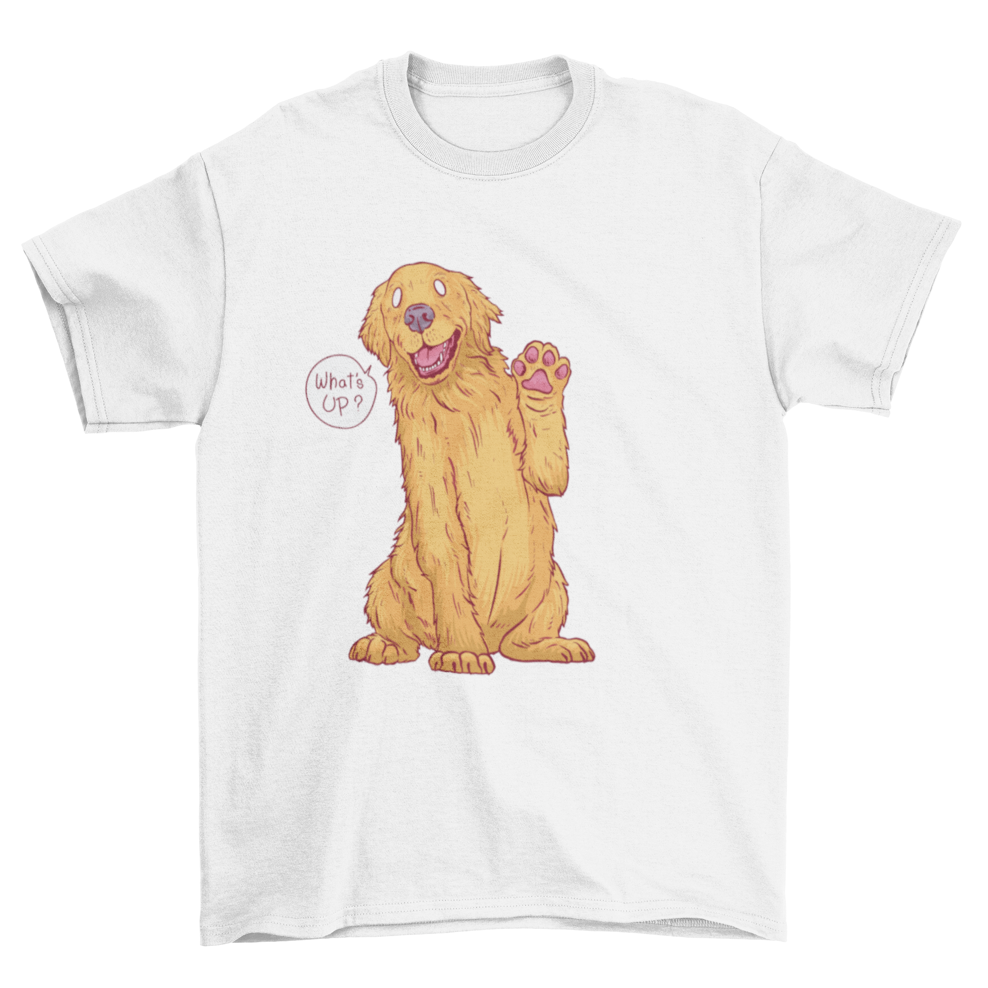 A playful golden retriever lifting its paw with a cheerful expression, featured on a stylish t-shirt.