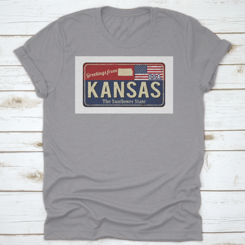 A stylish typography t-shirt featuring 'Greetings From Kansas The Sunflower State Of USA' design, showcasing state pride.