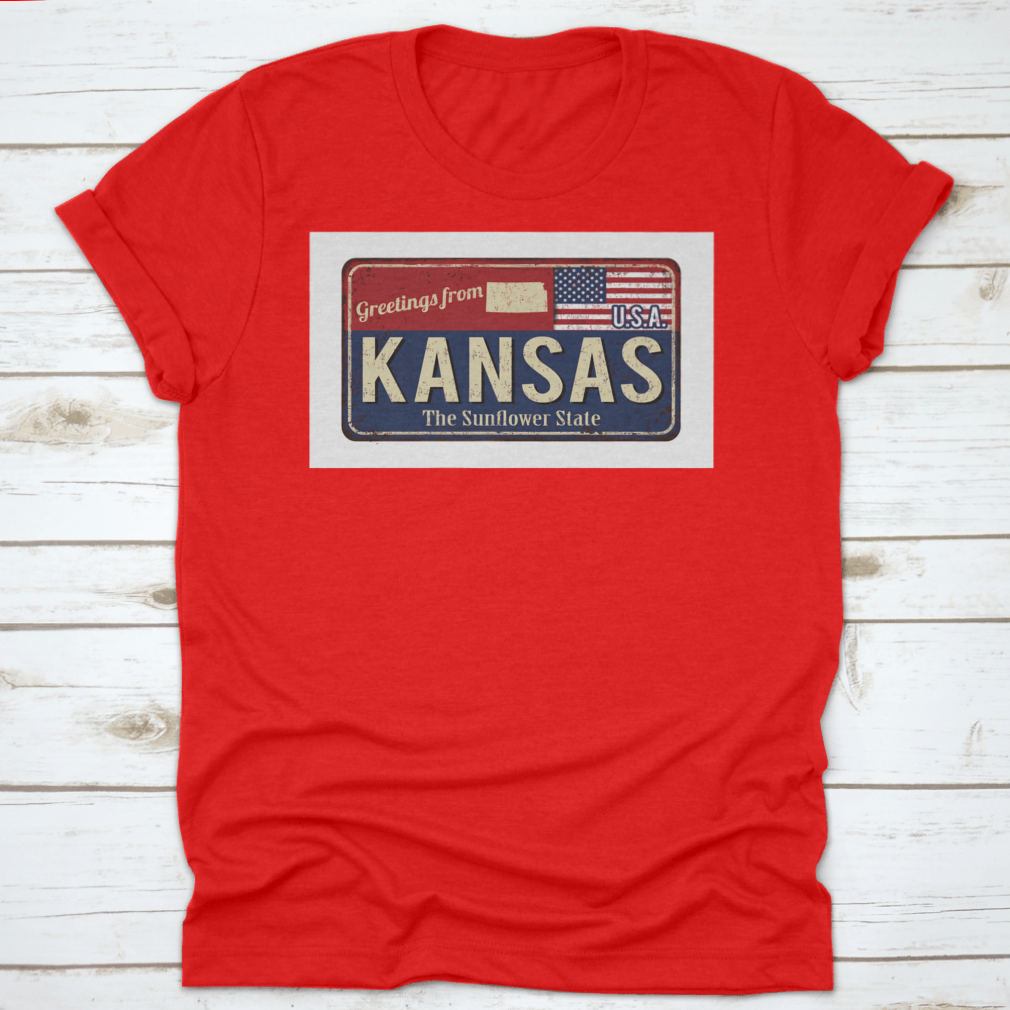 A stylish typography t-shirt featuring 'Greetings From Kansas The Sunflower State Of USA' design, showcasing state pride.