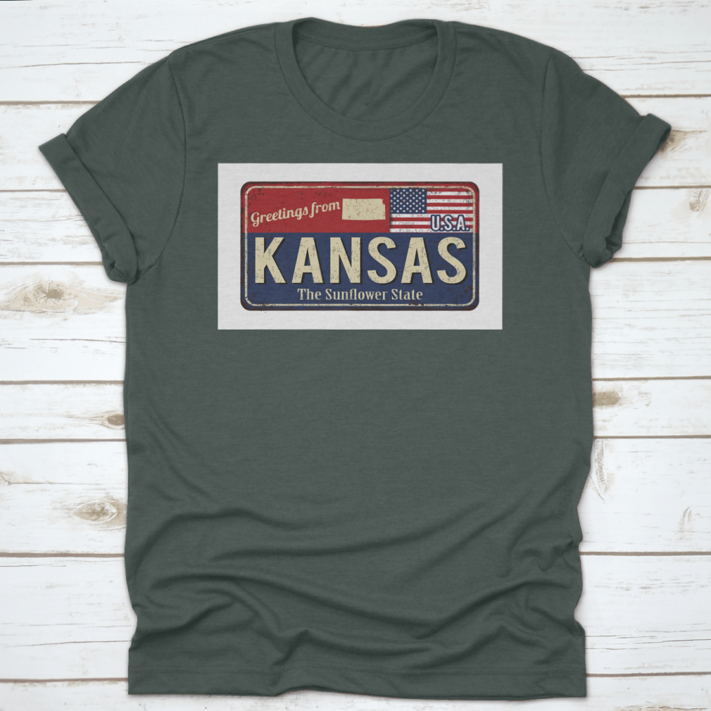 A stylish typography t-shirt featuring 'Greetings From Kansas The Sunflower State Of USA' design, showcasing state pride.