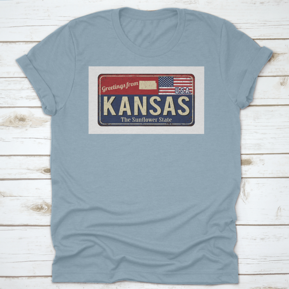 A stylish typography t-shirt featuring 'Greetings From Kansas The Sunflower State Of USA' design, showcasing state pride.