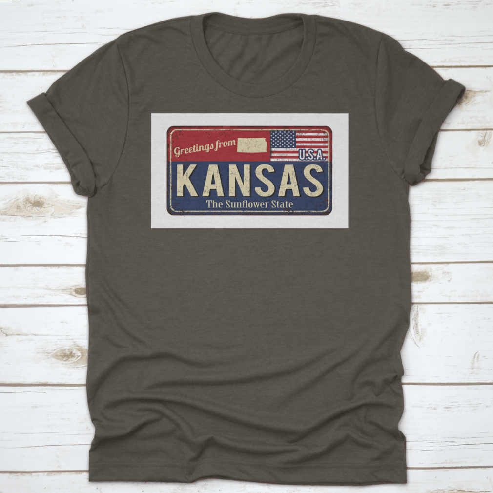 A stylish typography t-shirt featuring 'Greetings From Kansas The Sunflower State Of USA' design, showcasing state pride.