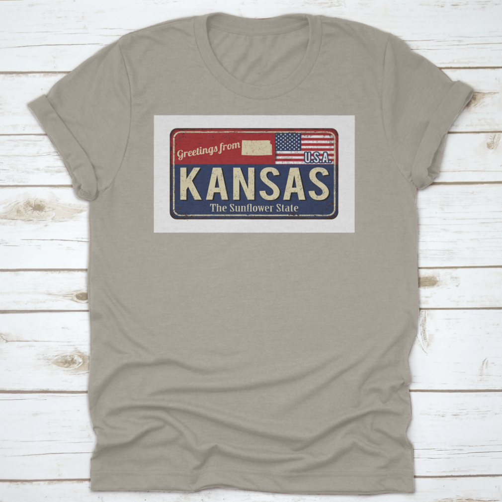 A stylish typography t-shirt featuring 'Greetings From Kansas The Sunflower State Of USA' design, showcasing state pride.