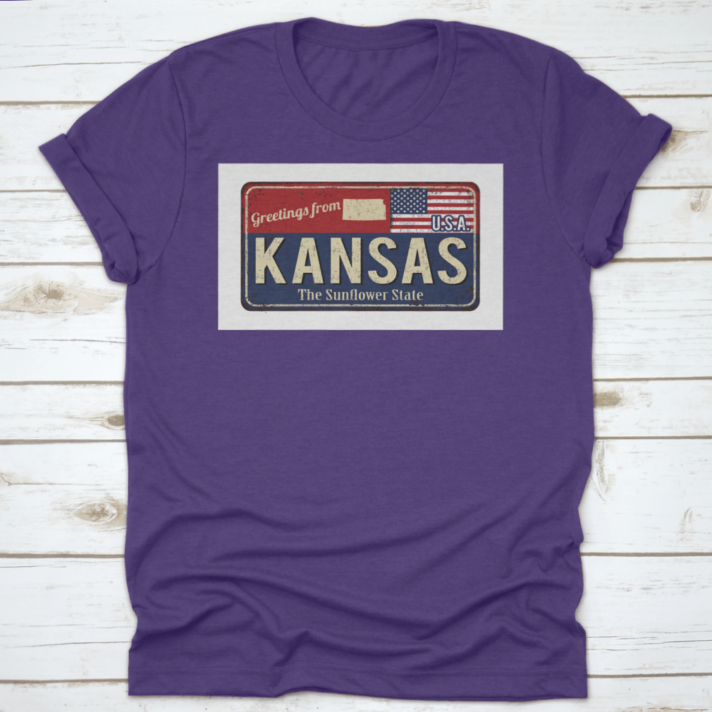 A stylish typography t-shirt featuring 'Greetings From Kansas The Sunflower State Of USA' design, showcasing state pride.