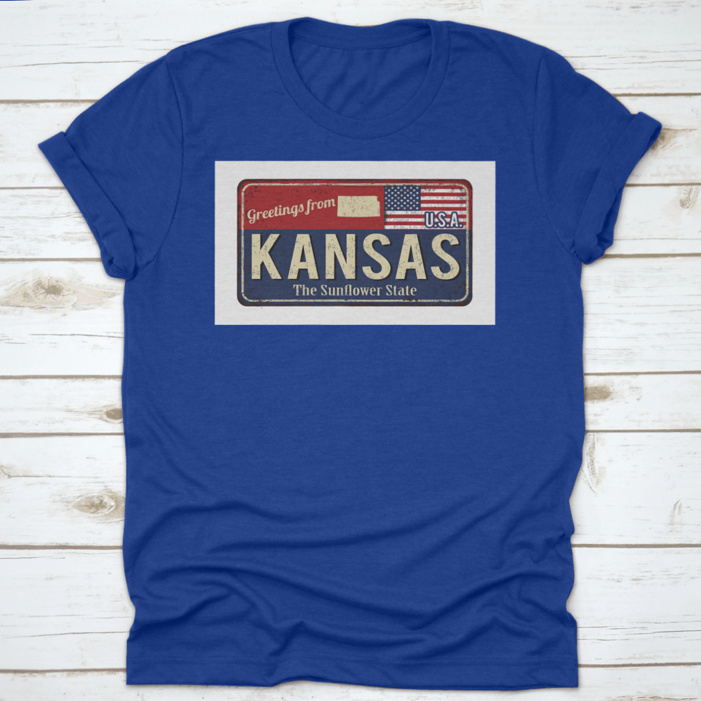 A stylish typography t-shirt featuring 'Greetings From Kansas The Sunflower State Of USA' design, showcasing state pride.