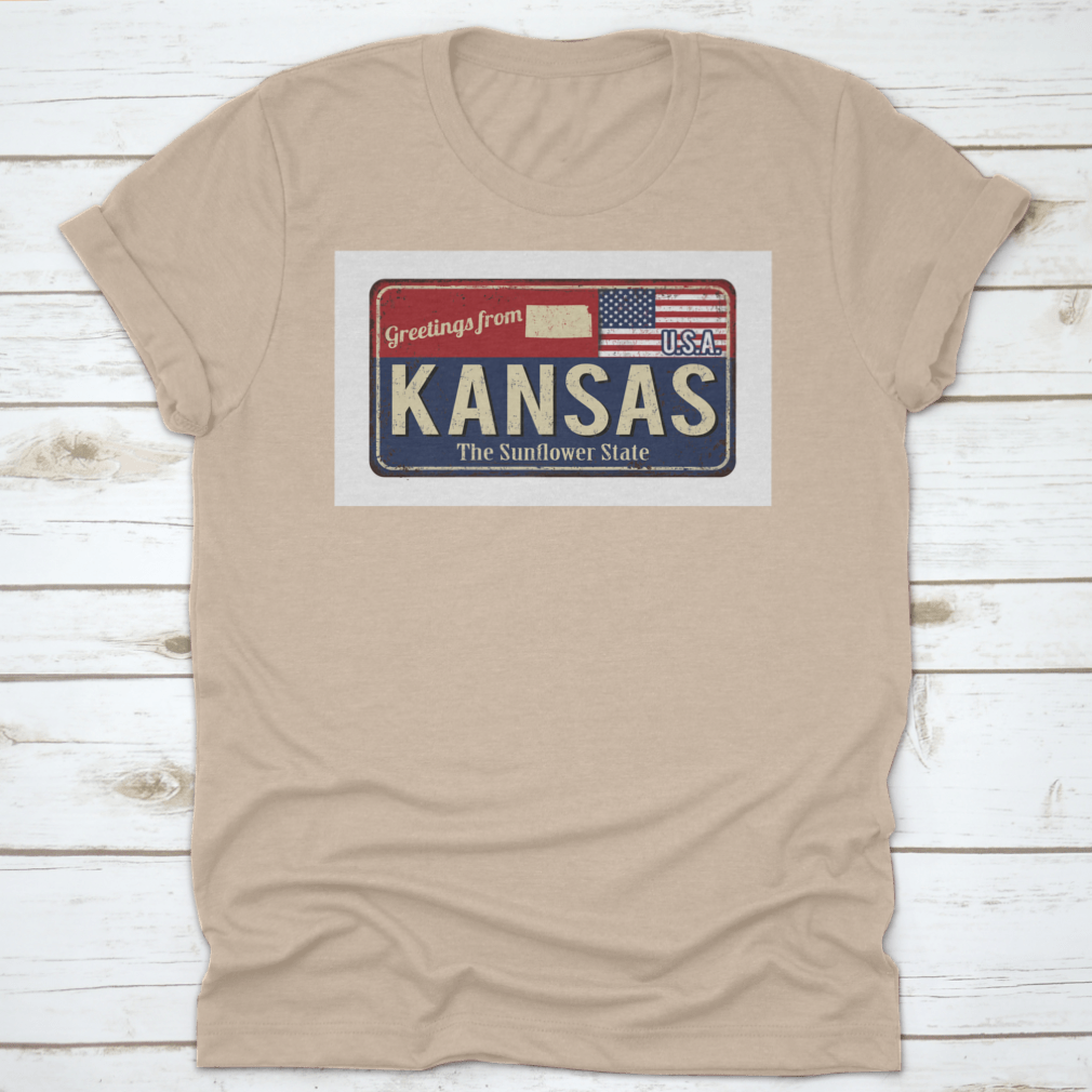 A stylish typography t-shirt featuring 'Greetings From Kansas The Sunflower State Of USA' design, showcasing state pride.