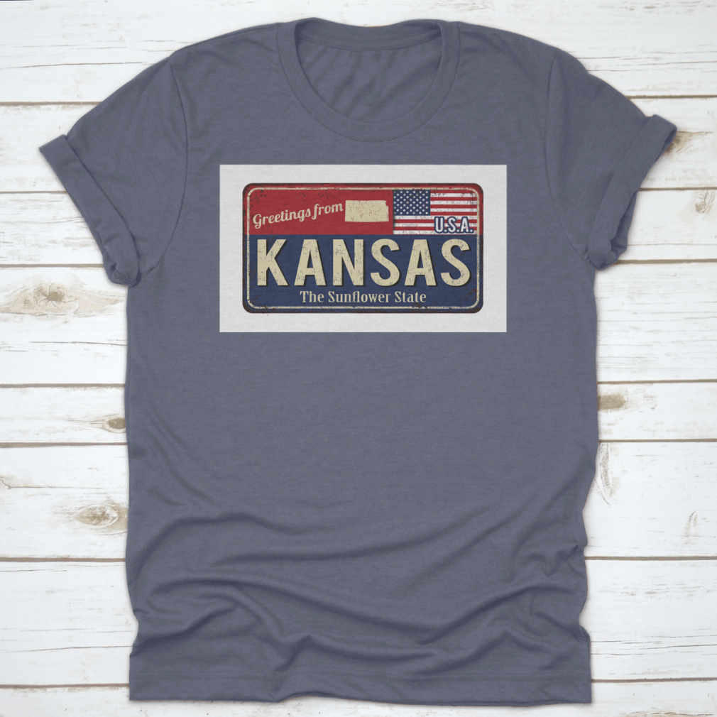 A stylish typography t-shirt featuring 'Greetings From Kansas The Sunflower State Of USA' design, showcasing state pride.