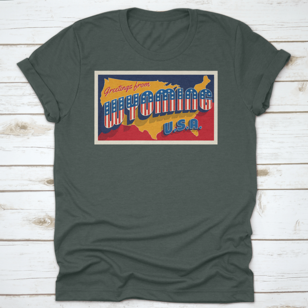 A retro postcard featuring the phrase 'Greetings From Wyoming USA' adorned with patriotic stars, showcasing the beauty of Wyoming.