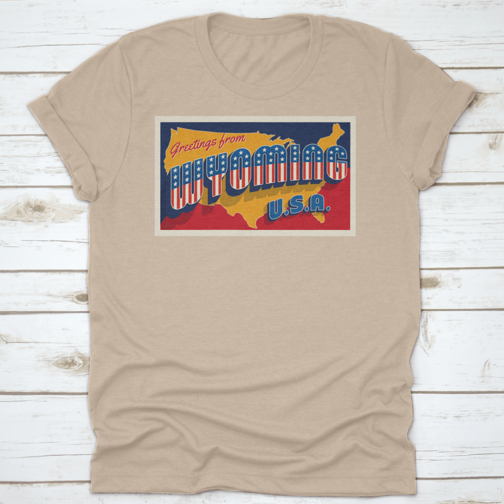 A retro postcard featuring the phrase 'Greetings From Wyoming USA' adorned with patriotic stars, showcasing the beauty of Wyoming.