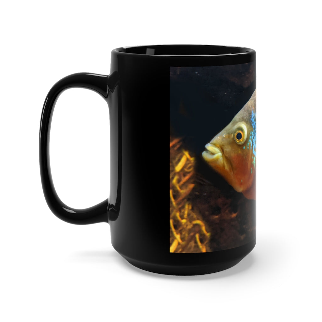 A stylish black ceramic mug featuring a grey and orange fish design, perfect for coffee and tea lovers, holding 15oz of your favorite beverage.