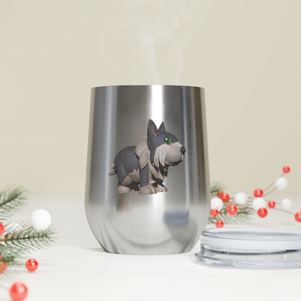 Grey Dog 12oz Insulated Wine Tumbler with clear lid, showcasing its sleek stainless steel design and double-wall insulation.