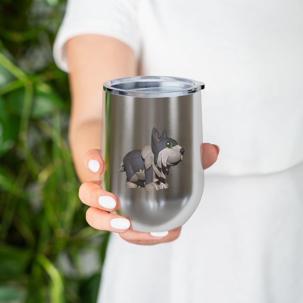 Grey Dog 12oz Insulated Wine Tumbler with clear lid, showcasing its sleek stainless steel design and double-wall insulation.