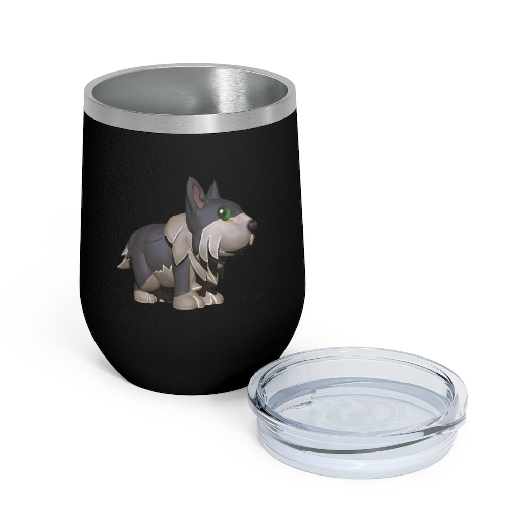 Grey Dog 12oz Insulated Wine Tumbler with clear lid, showcasing its sleek stainless steel design and double-wall insulation.