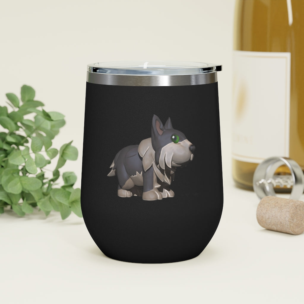 Grey Dog 12oz Insulated Wine Tumbler with clear lid, showcasing its sleek stainless steel design and double-wall insulation.