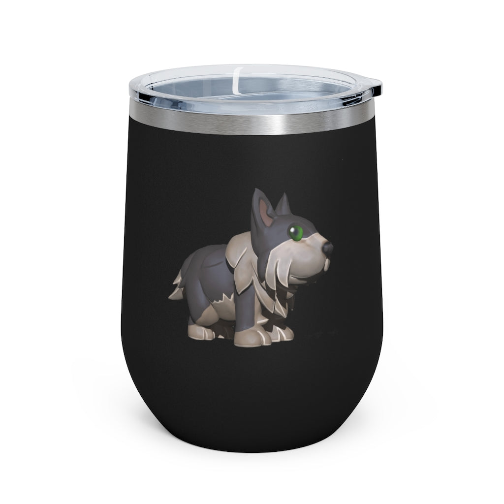 Grey Dog 12oz Insulated Wine Tumbler with clear lid, showcasing its sleek stainless steel design and double-wall insulation.
