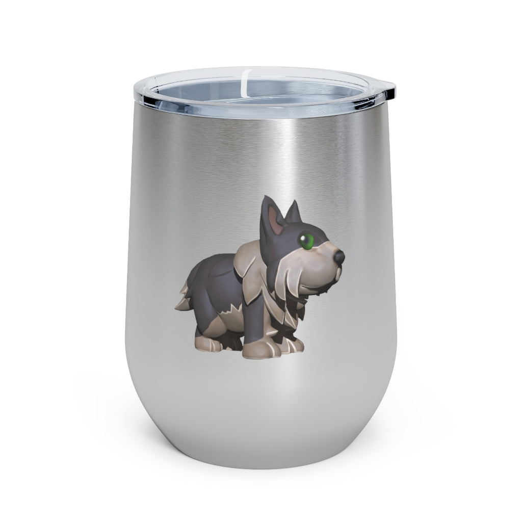 Grey Dog 12oz Insulated Wine Tumbler with clear lid, showcasing its sleek stainless steel design and double-wall insulation.