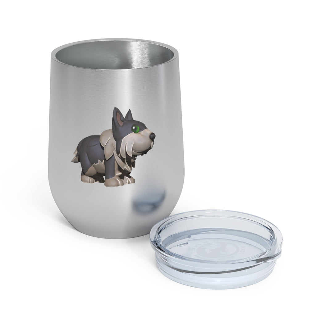 Grey Dog 12oz Insulated Wine Tumbler with clear lid, showcasing its sleek stainless steel design and double-wall insulation.